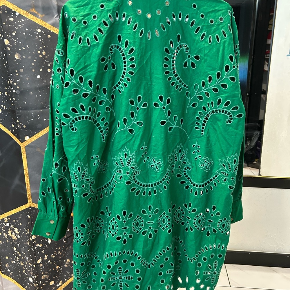 Anthropologie Emerald Green Eyelet Button-Front Long Sleeve Dress - Picture 2 of 9